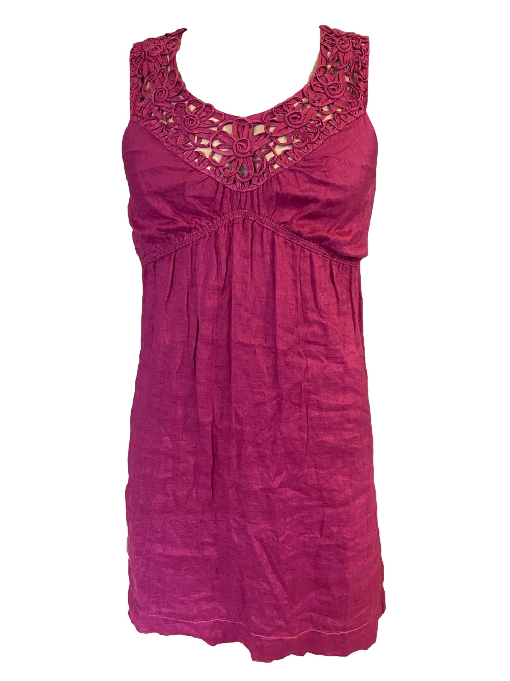 M.S.S.P Sleeveless linen Crochet Yoke Mini Dress in Magenta